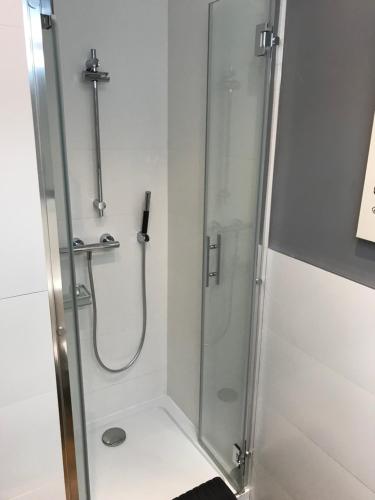 a bathroom with a shower with a glass door at AIRVA: Apartamento Duque de la Victoria in Valladolid