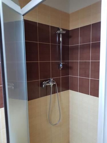 La salle de bains est pourvue d'une douche avec un tuyau. dans l'établissement Ubytovanie House, à Galanta