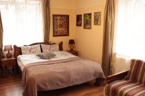 a bedroom with a bed and a window and a chair at Pid Lelekoyu - SUSPENDED in Yaremche