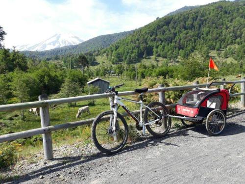 a bike parked next to a fence on a road at Refugio Las Raices in Malalcahuello