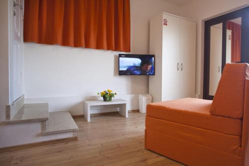 een woonkamer met een bank en een tv aan de muur bij Soba Gracijela in Motovun