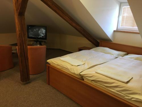 a bedroom with a bed and a tv at Penzion Na Solné stezce in Kašperské Hory