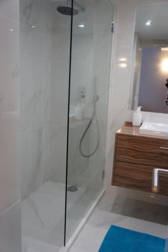 a bathroom with a shower and a sink at Apartamento Copacabana in Estoril