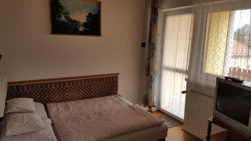 a living room with a couch and a television at Orchidea Apartman in Hévíz