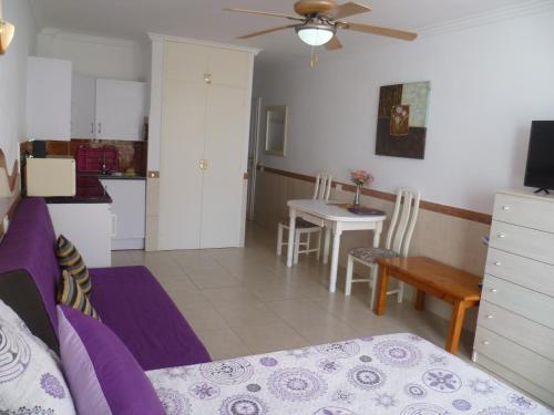 コスタ・デル・シレンチオにあるElana Apartment with FREE WIFIの紫色のソファ付きのリビングルーム、キッチンが備わります。