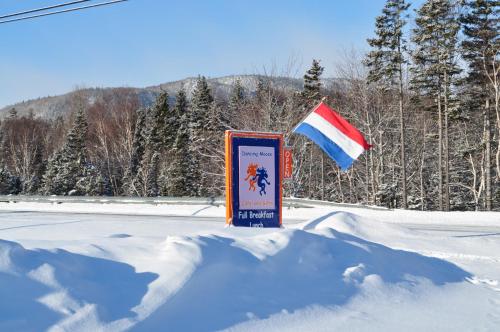 a sign in the snow next to a flag at The Sleeping Moose Cottage in Birch Plain