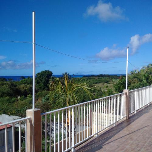 a balcony with a white fence and a palm tree at Villa Pistaches in Grand-Bourg