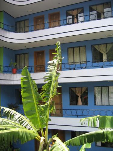 a blue building with a banana tree in front of it at Transilvania in Baños