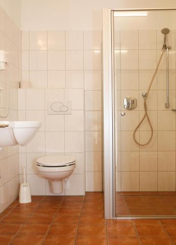 a bathroom with a toilet and a sink and a shower at Hotel Sonnenhof - bed & breakfast & appartements in Innsbruck