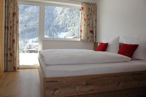1 dormitorio con 1 cama y ventana grande en Appart Stefanie en Sankt Gallenkirch