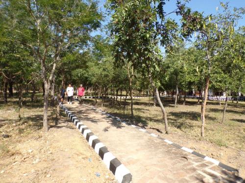 two people walking down a path in a park at Voyage Village Lodge in Mikumi