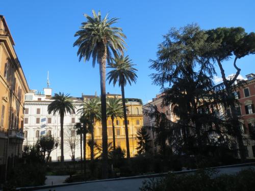 ローマにあるWellnessINNrome shortletの黄色い建物前のヤシの木群