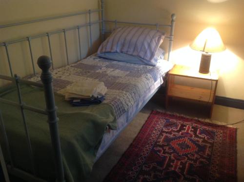 sypialnia z łóżkiem, lampką i dywanem w obiekcie Maescelyn w Aberystwyth