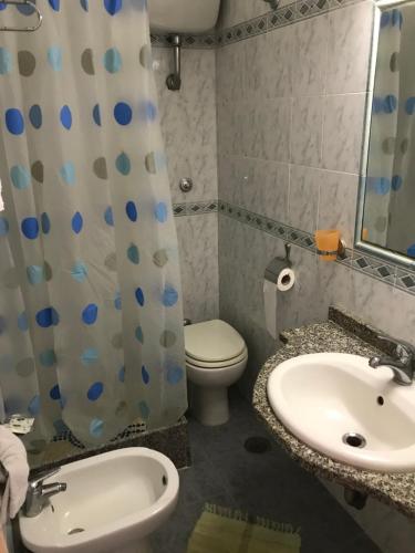 a bathroom with a sink and a toilet and a shower curtain at La veranda in Ardea