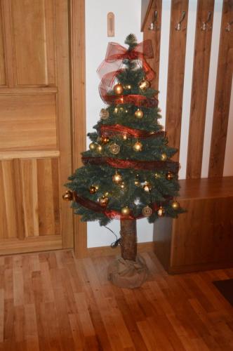a christmas tree in the corner of a room at Drevený Raj Apartmán in Hrabušice