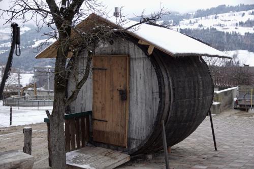 a large wooden hut with a door in the snow at Appartment Iris in Aich