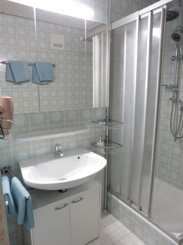 a bathroom with a sink and a shower at Grün und herzlich in Oberstaufen