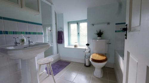 a white bathroom with a toilet and a sink at Frome Cottages in Evershot