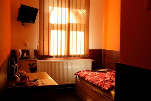 a bedroom with a window and a bed and a desk at Penzion Vulture Havířov in Havířov
