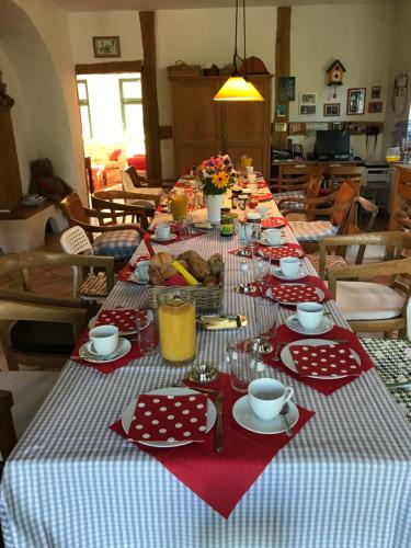 a long table with a blue and white table cloth at Gutshaus Ketelshagen in Putbus