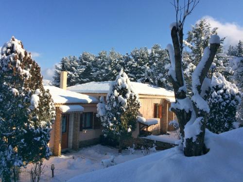a house covered in snow with trees at Finday Eco Boutique Hotel in Kalavrita