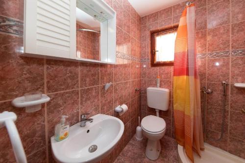 a bathroom with a sink and a toilet and a mirror at Apartments in Crikvenica 31165 in Crikvenica