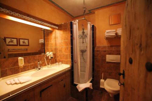 
a bathroom with a sink, toilet and shower at 4-Sterne Burghotel Castillo Alcazar, Europa-Park Freizeitpark & Erlebnis-Resort in Rust
