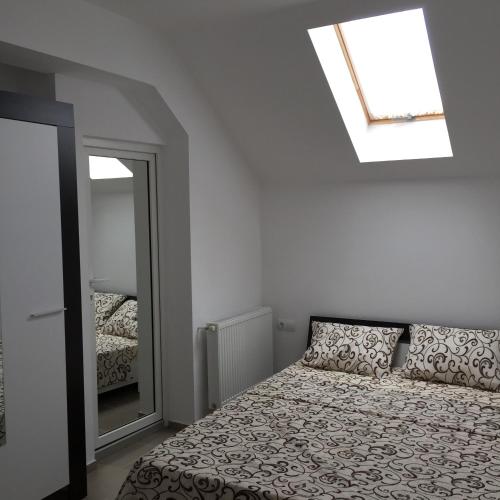 a bedroom with a bed with a mirror and a skylight at Royal 60 in Oşorheiu
