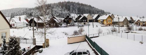 a village covered in snow with houses and cars at Vila Rhea in Važec