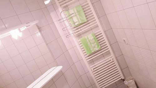 a bathroom with a shower with a toilet and green towels at Apartment Dominik in Osijek