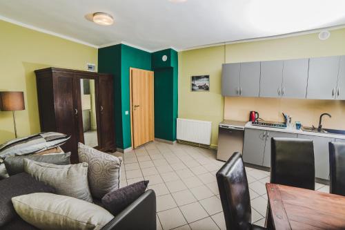 a living room with a couch and a kitchen at Noclegi Andersa in Wałbrzych