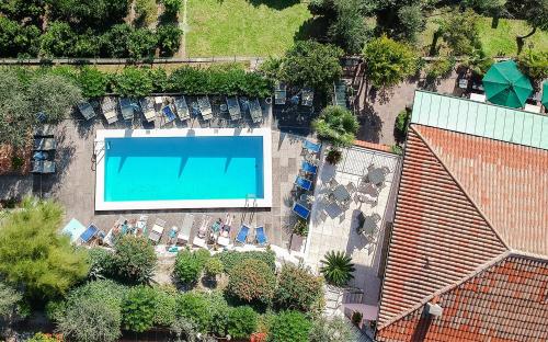 an overhead view of a swimming pool with lounge chairs at Hotel La Gardenia & Villa Oleandra in Limone sul Garda
