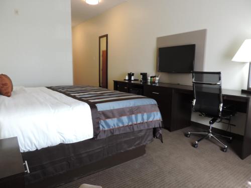 a hotel room with a bed and a desk and a television at Wingate by Wyndham Bowling Green in Bowling Green