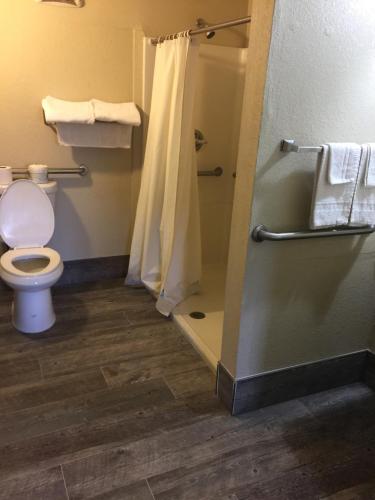 a bathroom with a toilet and a shower at Jackson Motel in Murfreesboro
