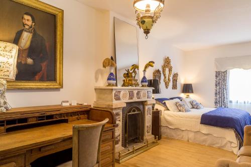 a bedroom with a king sized bed and a fireplace at Virreinato Hotel Boutique in Cordoba