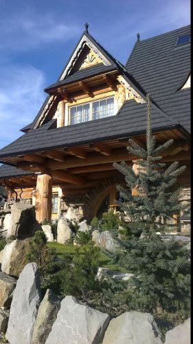 a wooden house with a pine tree in front of it at Willa Tatrzański Zomecek in Kościelisko