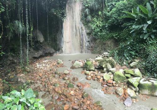 a waterfall in the middle of a forest at Simon says Grand View Villa in Soufrière