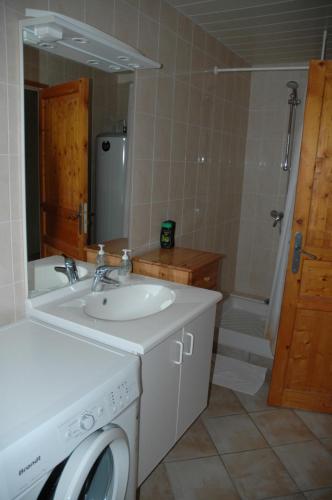 uma casa de banho com um lavatório e uma máquina de lavar roupa em Le Bellaton em Ambronay