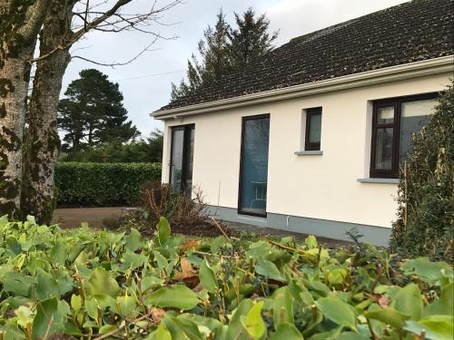 a white house with black windows and green bushes at Mick's Cottage in Loughrea