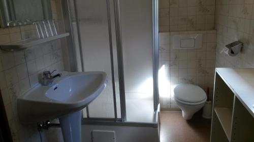 un bagno con lavandino, doccia e WC di Ferienhäuser Stohl a Mariapfarr