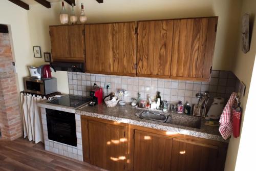 eine Küche mit Holzschränken und einem Waschbecken in der Unterkunft Casa la Quiete in Torgiano