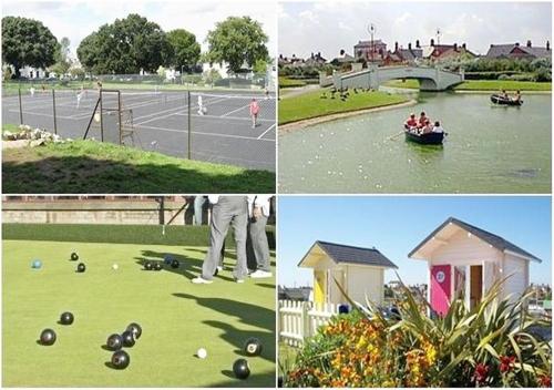 a collage of pictures of a park with balls on the grass at Romantic Lakeside Cottage by the Beach! with Super Cosy Log Burner! The Perfect Escape to Your Home from Home by the Sea! So Relaxing - You Won't want to Leave! Pet Friendly! in Mablethorpe
