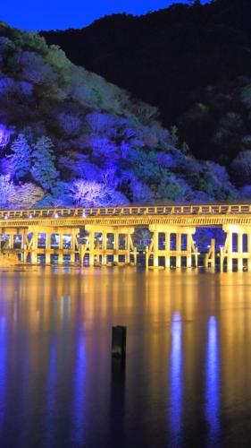 a large building on the water at night at tsubame-ya in Kyoto