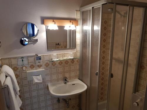 a bathroom with a sink and a shower and a mirror at La Bonne Franquette in Villé