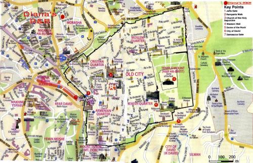 a map of a city with many attractions at Diana's B&B in Jerusalem