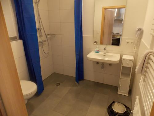 uma casa de banho com um WC, um lavatório e um chuveiro em Angelhof Weseloh em Karolei