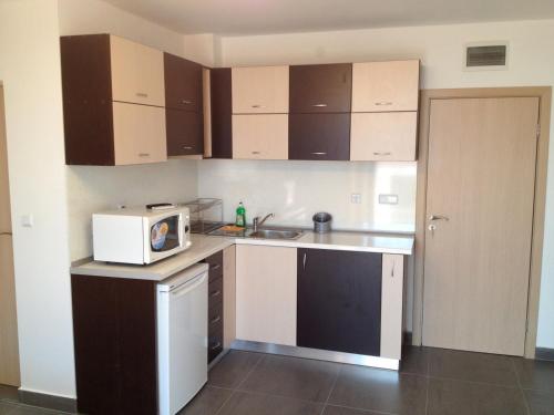 een kleine keuken met een spoelbak en een magnetron bij GoodRest Nesebar in Nesebar