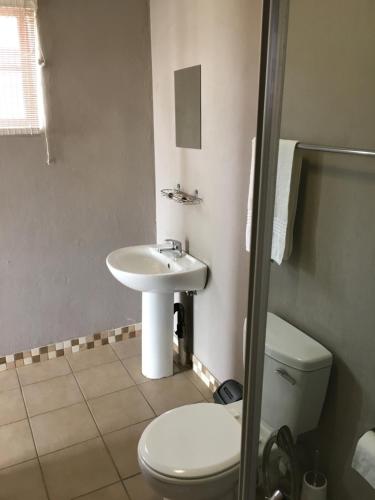 ein Badezimmer mit einem weißen Waschbecken und einem WC in der Unterkunft Rhino Creek Estate in Bloemfontein