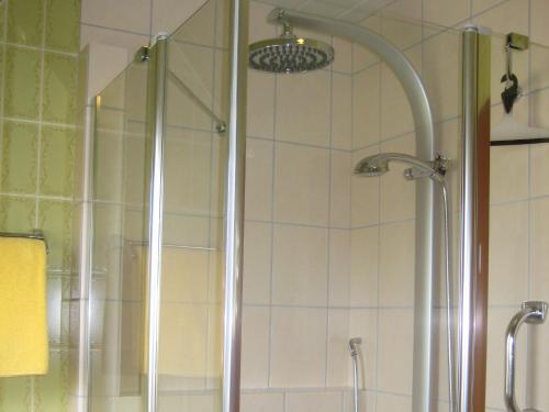 um chuveiro com uma porta de vidro e um chuveiro em Haus Buttgereit em Büsum