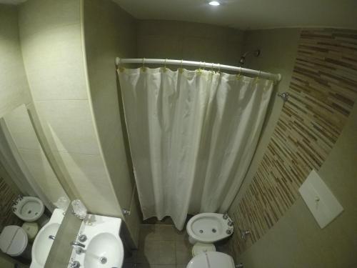 a bathroom with a shower curtain and a toilet and a sink at Hotel Catedral in Mar del Plata